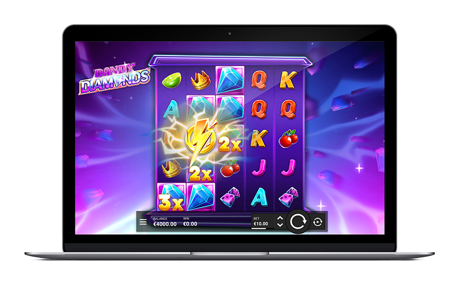 Dandy Diamonds game grid with Diamond Wilds Bolt symbols and multipliers