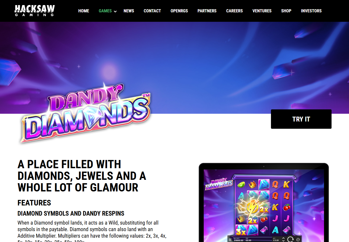 Official Dandy Diamonds page with neon logo blue crystal background and game device