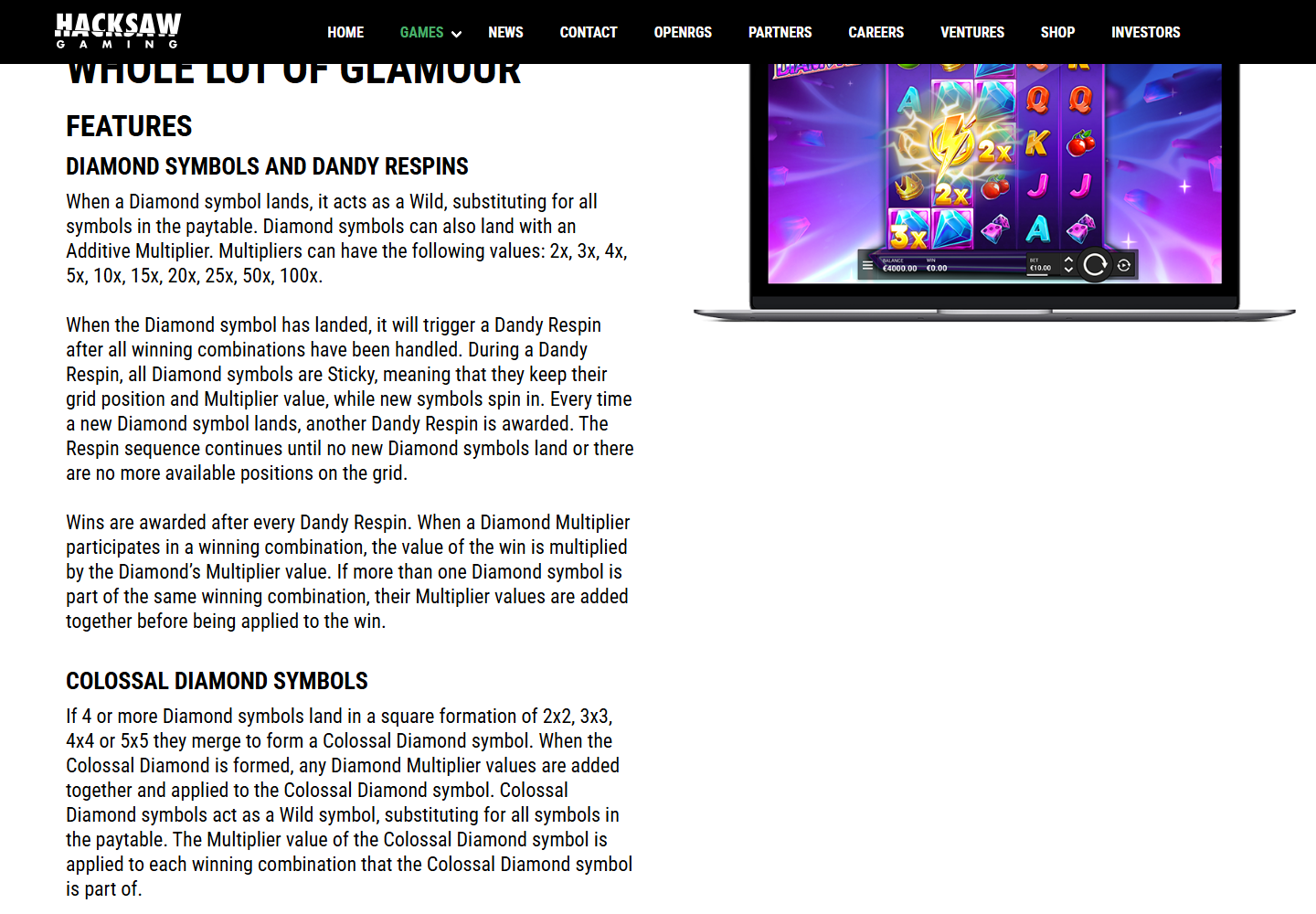 Official Dandy Diamonds feature section with game grid and Dandy Respin rules